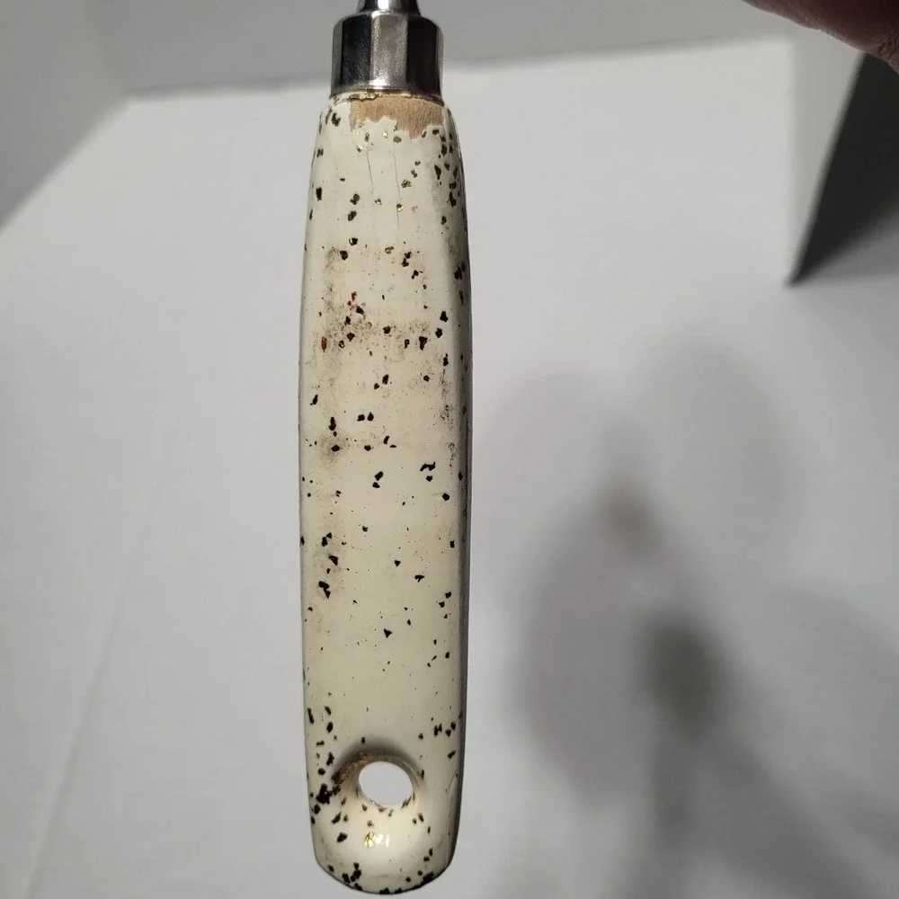Vtg Ekco USA Chromium Plated Serving Spoon White Speckled Plastic Handle12.5